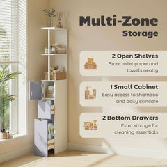 Tall Bathroom Storage Cabinet, Narrow Bathroom Cabinet with Drawers and Open Shelves for Small Spaces, White and Grey