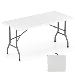 5FT Folding Picnic Table with Wood Grain HDPE Tabletop and, Non-slip Foot Pads-White