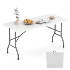 5FT Folding Picnic Table with Wood Grain HDPE Tabletop and, Non-slip Foot Pads-White