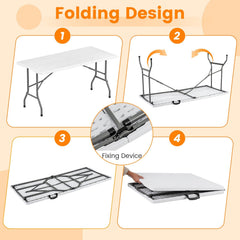 5FT Folding Picnic Table with Wood Grain HDPE Tabletop and, Non-slip Foot Pads-White