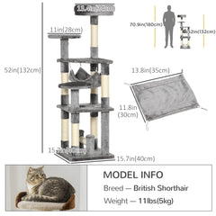 52" Multi-Level Cat Tree Tower, Kitten Scratcher Activity Center Play House with Hammock - Grey