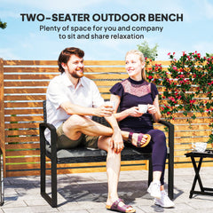 2 Seater Outdoor Bench, Rattan Garden Bench Loveseat with Cushion, Armrests, Steel Frame for Patio, Porch, Light Grey