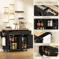 Kitchen Island with Storage, Rolling Trolley Cart with Rubber Wood Top, Spice Rack, Towel Rack, Brown Oak