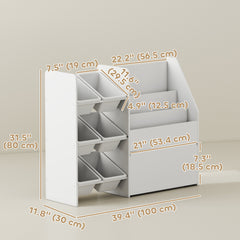 Kids Bookshelf and Toy Storage, 3-Tier Bookcase with 6 Removable Bins and Box for Toddler Nursery Playroom, White