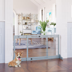 41"-71" Wooden Freestanding Pet Gate with Support Feet, for Small Medium Dogs, Grey-Blue