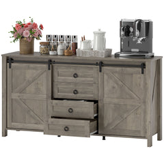 60" Buffet Cabinet, Farmhouse Sideboard with Sliding Barn Doors, Drawers and Adjustable Shelves, Cream White
