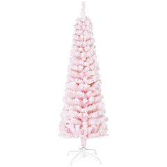 6ft Flocked Christmas Tree, Pencil Christmas Tree with Realistic Branch Tips, Folding Metal Stand, Green