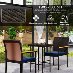 Stackable Wicker Patio Chairs Set of 2 with Removable Cushion, Armrest for Garden, Porch, Yard, Navy Blue