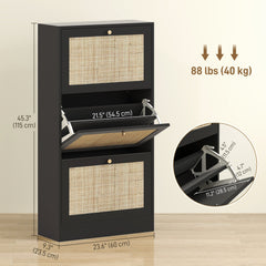Rattan Shoe Storage Cabinet with 3 Flip Drawers and Adjustable Shelves, Entryway Shoe Cabinet for 18 Pairs, Oak