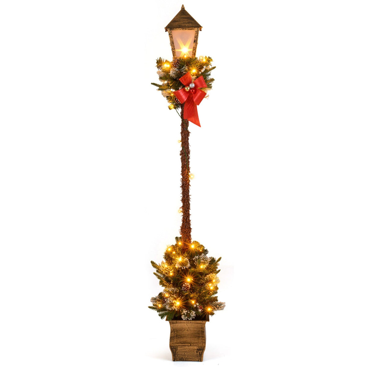 6.1 Feet Christmas Pre-lit Street Lamp with Artificial Greenery and Snow-flocked Branch Tips-Yellow