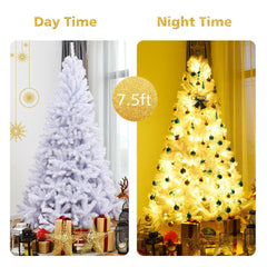 7.5 FT White Hinged Artificial Christmas Tree with Foldable Metal Stand, Unlit