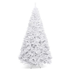 9 FT White Hinged Artificial Christmas Tree with Foldable Iron Base, Unlit
