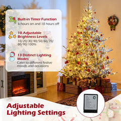 7 FT Pre-Lit Snow Flocked Christmas Tree with 1074 Tips, 450 Warm White LEDs and 13 Lighting Modes