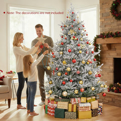 8 FT Pre-Lit Snow Flocked Christmas Tree with 1470 Tips, 580 Warm White LEDs and 13 Lighting Modes
