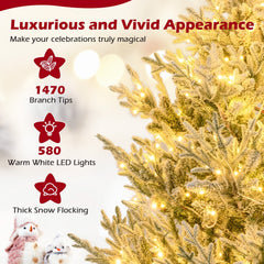 8 FT Pre-Lit Snow Flocked Christmas Tree with 1470 Tips, 580 Warm White LEDs and 13 Lighting Modes