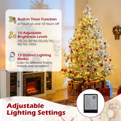 8 FT Pre-Lit Snow Flocked Christmas Tree with 1470 Tips, 580 Warm White LEDs and 13 Lighting Modes