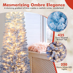 6 FT Slim Ombre Blue Snow Flocked Christmas Tree with 435 Tips, 220 LEDs, Timer and Memory