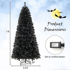 7 FT Black Pre-Lit Christmas Tree with Bendable Top, 1050 Branch Tips and 340 Warm White LEDs