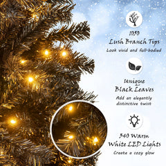 7 FT Black Pre-Lit Christmas Tree with Bendable Top, 1050 Branch Tips and 340 Warm White LEDs