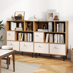 6-Cube Bookshelf with 3 Removable Folding Fabric Drawers for Living Room-Natural