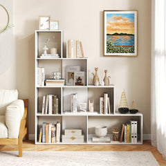 4 Tier Stair Bookcase with 6 Cubes, Stepped Display Shelf, White