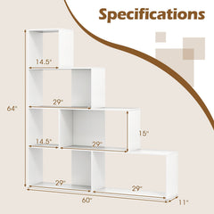 4 Tier Stair Bookcase with 6 Cubes, Stepped Display Shelf, White