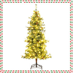6 FT Pre-Lit Hinged Christmas Tree with 370 Cashmere Tips, 22 Pine Cones and Vintage Style LEDs