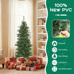 6 FT Pre-Lit Hinged Christmas Tree with 370 Cashmere Tips, 22 Pine Cones and Vintage Style LEDs