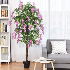 6 Foot Artificial Wisteria Tree with Flowers, 1260 Leaf Silk Tree in an 8 Inch Pot