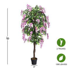6 Foot Artificial Wisteria Tree with Flowers, 1260 Leaf Silk Tree in an 8 Inch Pot