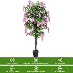 6 Foot Artificial Wisteria Tree with Flowers, 1260 Leaf Silk Tree in an 8 Inch Pot