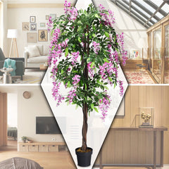 6 Foot Artificial Wisteria Tree with Flowers, 1260 Leaf Silk Tree in an 8 Inch Pot
