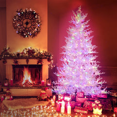 6 FT White Flocked Christmas Tree with 383 Soft PE Tips, 300 Dual Colour LEDs and Timer