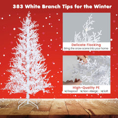 6 FT White Flocked Christmas Tree with 383 Soft PE Tips, 300 Dual Colour LEDs and Timer