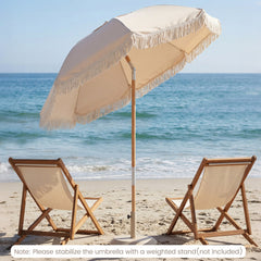 6 Feet Patio Umbrella with Fringe with Push Button Tilt and Wood Pole-Beige