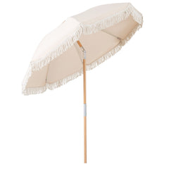 6 Feet Patio Umbrella with Fringe with Push Button Tilt and Wood Pole-Beige