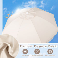 6 Feet Patio Umbrella with Fringe with Push Button Tilt and Wood Pole-Beige