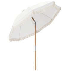 6 Feet Patio Umbrella with Fringe with Push Button Tilt and Wood Pole-White color