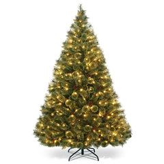 6 FT Pre-Lit Carolina Pine Christmas Tree with 484 Tips, 49 Pine Cones and 260 LED Lights