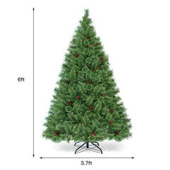 6 FT Pre-Lit Carolina Pine Christmas Tree with 484 Tips, 49 Pine Cones and 260 LED Lights