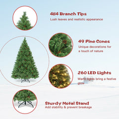 6 FT Pre-Lit Carolina Pine Christmas Tree with 484 Tips, 49 Pine Cones and 260 LED Lights