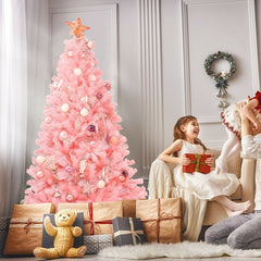 6 FT Pink Artificial Hinged Spruce Christmas Tree with 1036 Tips and Foldable Metal Stand