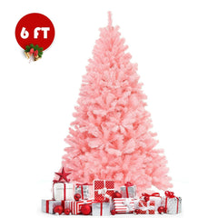 6 FT Pink Artificial Hinged Spruce Christmas Tree with 1036 Tips and Foldable Metal Stand