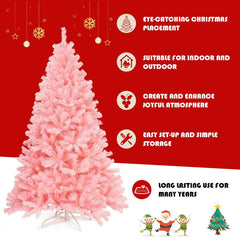 6 FT Pink Artificial Hinged Spruce Christmas Tree with 1036 Tips and Foldable Metal Stand