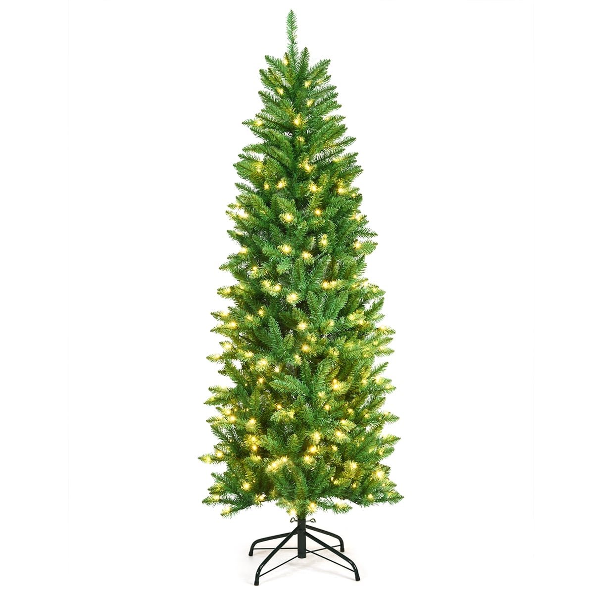 6 FT Pre-Lit Slim Pencil Fir Christmas Tree with 300 Tips, 150 Warm LEDs and Iron Stand