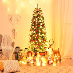 6 FT Pre-Lit Slim Pencil Fir Christmas Tree with 300 Tips, 150 Warm LEDs and Iron Stand