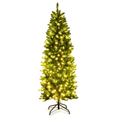 6 FT Pre-Lit Slim Pencil Fir Christmas Tree with 300 Tips, 150 Warm LEDs and Iron Stand