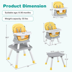 6-in-1 Convertible Baby High Chair with Adjustable Removable Tray-Yellow