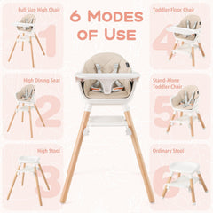 6 in 1 Convertible Highchair with Safety Harness and Removable Tray-Beige