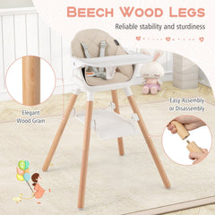 6 in 1 Convertible Highchair with Safety Harness and Removable Tray-Beige